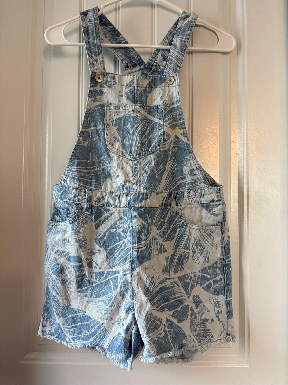 Gently worn The Children's Place Blue and White Tie-Dye Denim Short Overalls